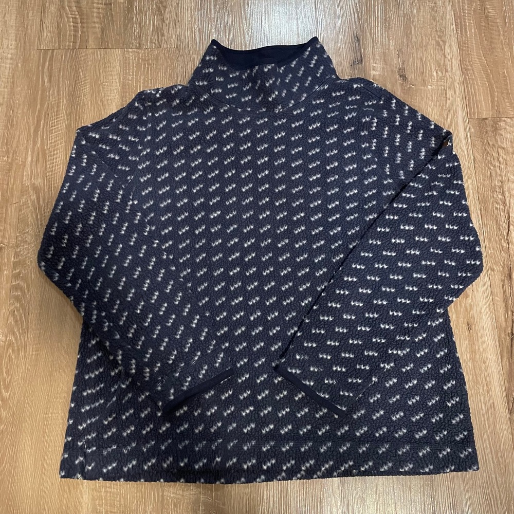 LL Bean Womens Fleece Pullover XL Navy Blue Polyester Geometric Funnel Neck Top - Picture 7 of 9